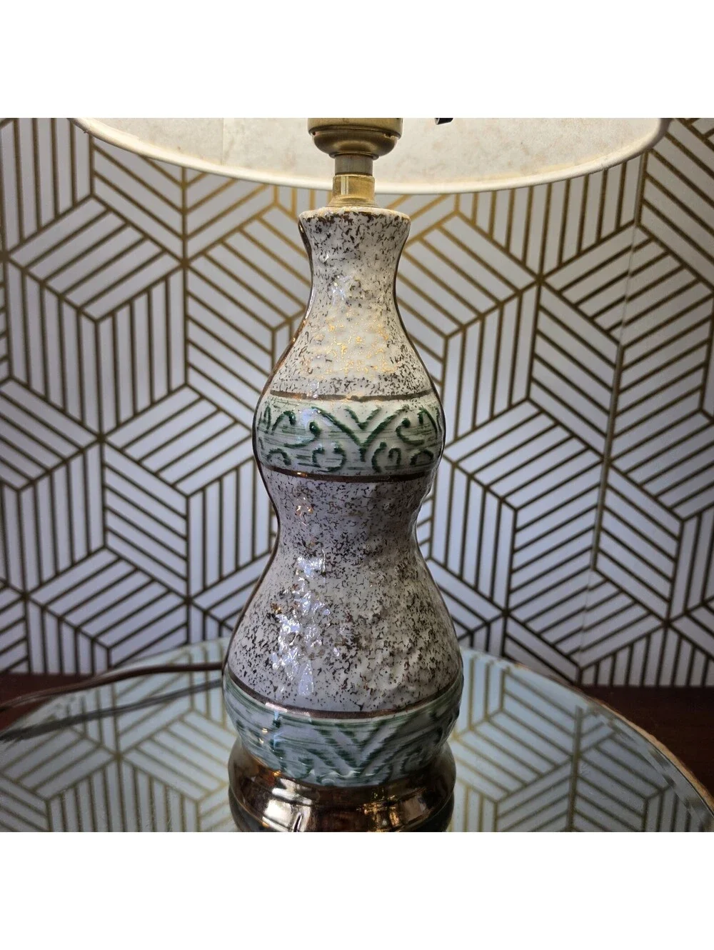 Vintage Midcentury White Green Gold Ceramic Accent Lamp Atomic Fiberglass Shade